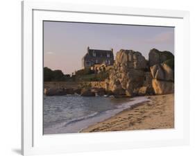 Beach House Built Behind Rocks, Tregastel, Cote De Granit Rose, Cotes d'Armor, Brittany, France-David Hughes-Framed Photographic Print