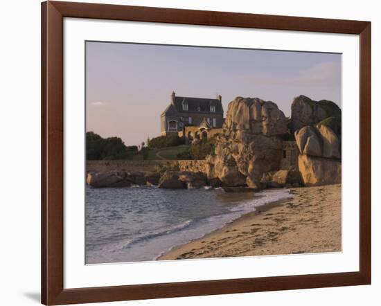 Beach House Built Behind Rocks, Tregastel, Cote De Granit Rose, Cotes d'Armor, Brittany, France-David Hughes-Framed Photographic Print