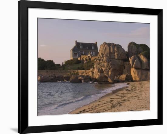 Beach House Built Behind Rocks, Tregastel, Cote De Granit Rose, Cotes d'Armor, Brittany, France-David Hughes-Framed Photographic Print