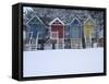 Beach Huts in the Snow at Wells Next the Sea, Norfolk, England-Jon Gibbs-Framed Stretched Canvas