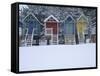 Beach Huts in the Snow at Wells Next the Sea, Norfolk, England-Jon Gibbs-Framed Stretched Canvas