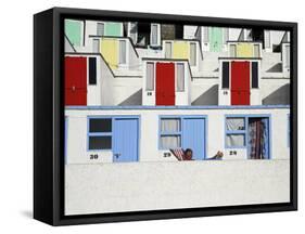 Beach Huts on Tolcarne Beach, Newquay, Cornwall, England-Julian Love-Framed Stretched Canvas