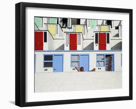 Beach Huts on Tolcarne Beach, Newquay, Cornwall, England-Julian Love-Framed Photographic Print