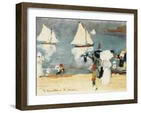 Beach in La Concha Bay in San Sebastián-Joaquín Sorolla y Bastida-Framed Art Print