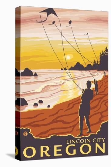 Beach & Kites, Lincoln City, Oregon-Lantern Press-Stretched Canvas