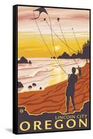 Beach & Kites, Lincoln City, Oregon-Lantern Press-Framed Stretched Canvas