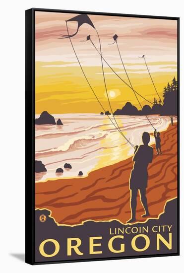 Beach & Kites, Lincoln City, Oregon-Lantern Press-Framed Stretched Canvas