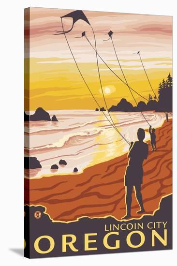 Beach & Kites, Lincoln City, Oregon-Lantern Press-Stretched Canvas