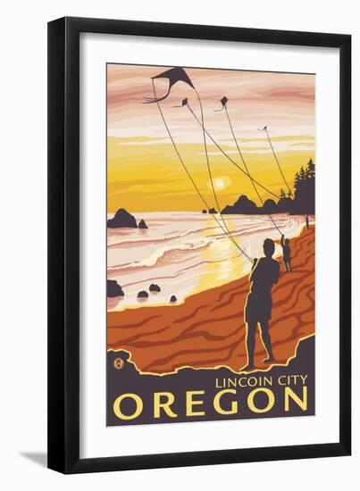 Beach & Kites, Lincoln City, Oregon-Lantern Press-Framed Art Print