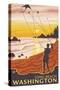 Beach & Kites, Long Beach, Washington-Lantern Press-Stretched Canvas