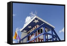 Beach Lifeguard Tower '13 St', with Paint in Style of the Us Flag, Miami South Beach-Axel Schmies-Framed Stretched Canvas