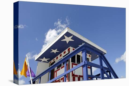 Beach Lifeguard Tower '13 St', with Paint in Style of the Us Flag, Miami South Beach-Axel Schmies-Stretched Canvas