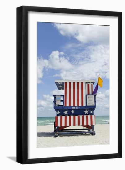 Beach Lifeguard Tower '13 St', with Paint in Style of the Us Flag, Miami South Beach-Axel Schmies-Framed Premium Photographic Print