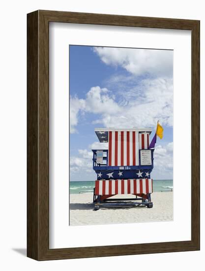 Beach Lifeguard Tower '13 St', with Paint in Style of the Us Flag, Miami South Beach-Axel Schmies-Framed Photographic Print