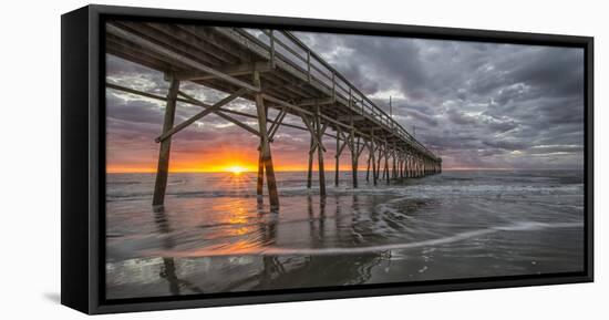 Beach, ocean, waves and pier at sunrise, Sunset Beach, North Carolina, United States of America, No-Jon Reaves-Framed Stretched Canvas