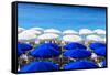 Beach Parasols, Nice, Alpes Maritimes, Provence, Cote D'Azur, French Riviera, France, Europe-Amanda Hall-Framed Stretched Canvas