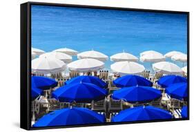 Beach Parasols, Nice, Alpes Maritimes, Provence, Cote D'Azur, French Riviera, France, Europe-Amanda Hall-Framed Stretched Canvas