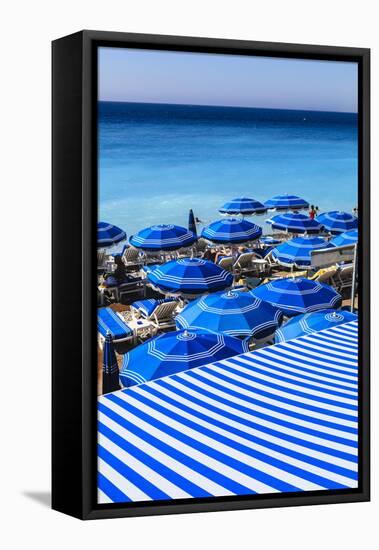 Beach Parasols, Nice, Alpes Maritimes, Provence, Cote D'Azur, French Riviera, France, Europe-Amanda Hall-Framed Stretched Canvas