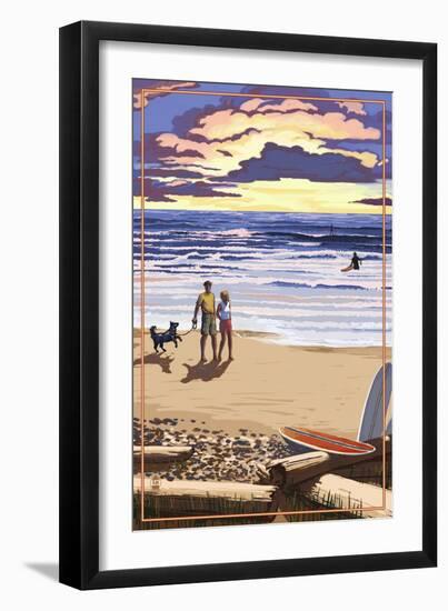 Beach Scene and Surfers-Lantern Press-Framed Art Print