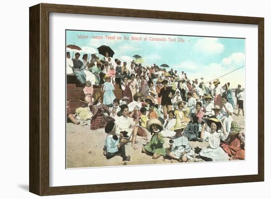 Beach Scene, Coronado Tent City, San Diego, California-null-Framed Art Print