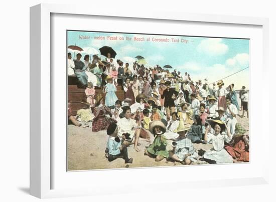 Beach Scene, Coronado Tent City, San Diego, California-null-Framed Art Print