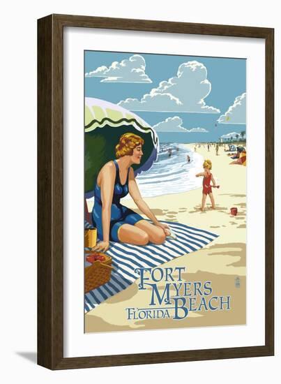 Beach Scene - Fort Myers Beach, Florida-Lantern Press-Framed Art Print