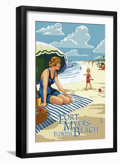 Beach Scene - Fort Myers Beach, Florida-Lantern Press-Framed Art Print