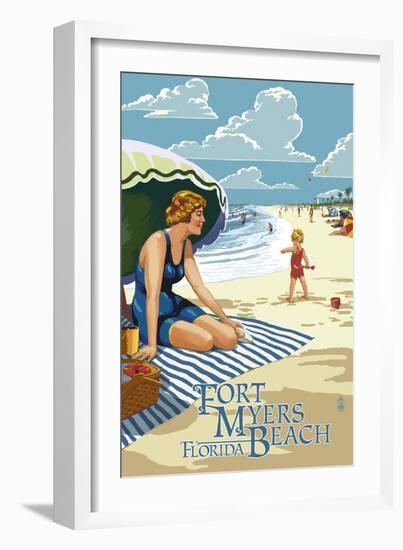 Beach Scene - Fort Myers Beach, Florida-Lantern Press-Framed Art Print