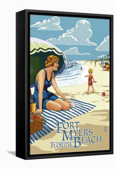 Beach Scene - Fort Myers Beach, Florida-Lantern Press-Framed Stretched Canvas