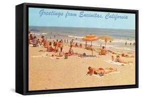 Beach Scene, Greetings from Encinitas, California-null-Framed Stretched Canvas