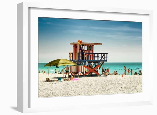 Beach Scene with a Life Guard Station - Miami Beach - Florida-Philippe Hugonnard-Framed Photographic Print