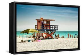 Beach Scene with a Life Guard Station - Miami Beach - Florida-Philippe Hugonnard-Framed Stretched Canvas