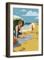 Beach Scene with Woman-Lantern Press-Framed Art Print