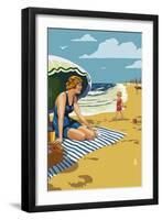 Beach Scene with Woman-Lantern Press-Framed Art Print