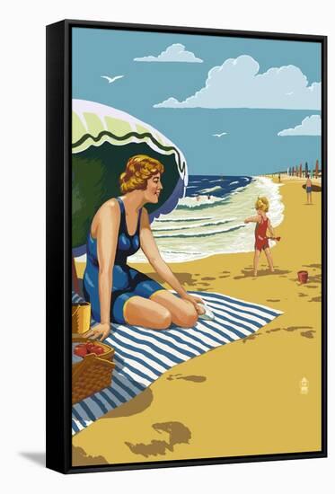 Beach Scene with Woman-Lantern Press-Framed Stretched Canvas