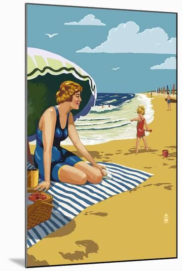 Beach Scene with Woman-Lantern Press-Mounted Art Print