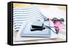 Beach, Summer, Vacation and Technology Concept - close up of Tablet Pc Computer, Smartphone, Camera-dolgachov-Framed Stretched Canvas