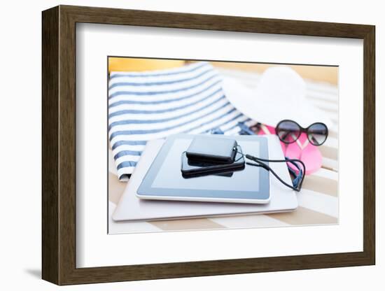 Beach, Summer, Vacation and Technology Concept - close up of Tablet Pc Computer, Smartphone, Camera-dolgachov-Framed Photographic Print