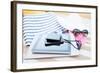 Beach, Summer, Vacation and Technology Concept - close up of Tablet Pc Computer, Smartphone, Camera-dolgachov-Framed Photographic Print