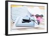 Beach, Summer, Vacation and Technology Concept - close up of Tablet Pc Computer, Smartphone, Camera-dolgachov-Framed Photographic Print