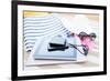 Beach, Summer, Vacation and Technology Concept - close up of Tablet Pc Computer, Smartphone, Camera-dolgachov-Framed Photographic Print