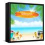 Beach Things and Old Surfboard with Greeting - Summer Holidays Vector Illustration-vso-Framed Stretched Canvas