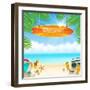 Beach Things and Old Surfboard with Greeting - Summer Holidays Vector Illustration-vso-Framed Art Print