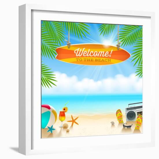 Beach Things and Old Surfboard with Greeting - Summer Holidays Vector Illustration-vso-Framed Art Print