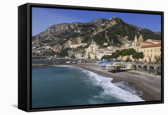 Beach, Town and Hills of Amalfi in Sunshine with Breaking Waves, Costiera Amalfitana (Amalfi Coast)-Eleanor Scriven-Framed Stretched Canvas