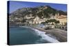 Beach, Town and Hills of Amalfi in Sunshine with Breaking Waves, Costiera Amalfitana (Amalfi Coast)-Eleanor Scriven-Stretched Canvas