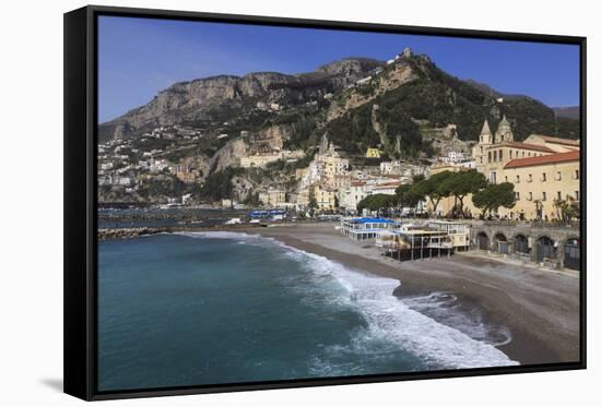 Beach, Town and Hills of Amalfi in Sunshine with Breaking Waves, Costiera Amalfitana (Amalfi Coast)-Eleanor Scriven-Framed Stretched Canvas