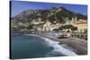 Beach, Town and Hills of Amalfi in Sunshine with Breaking Waves, Costiera Amalfitana (Amalfi Coast)-Eleanor Scriven-Stretched Canvas