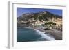 Beach, Town and Hills of Amalfi in Sunshine with Breaking Waves, Costiera Amalfitana (Amalfi Coast)-Eleanor Scriven-Framed Photographic Print