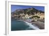 Beach, Town and Hills of Amalfi in Sunshine with Breaking Waves, Costiera Amalfitana (Amalfi Coast)-Eleanor Scriven-Framed Photographic Print